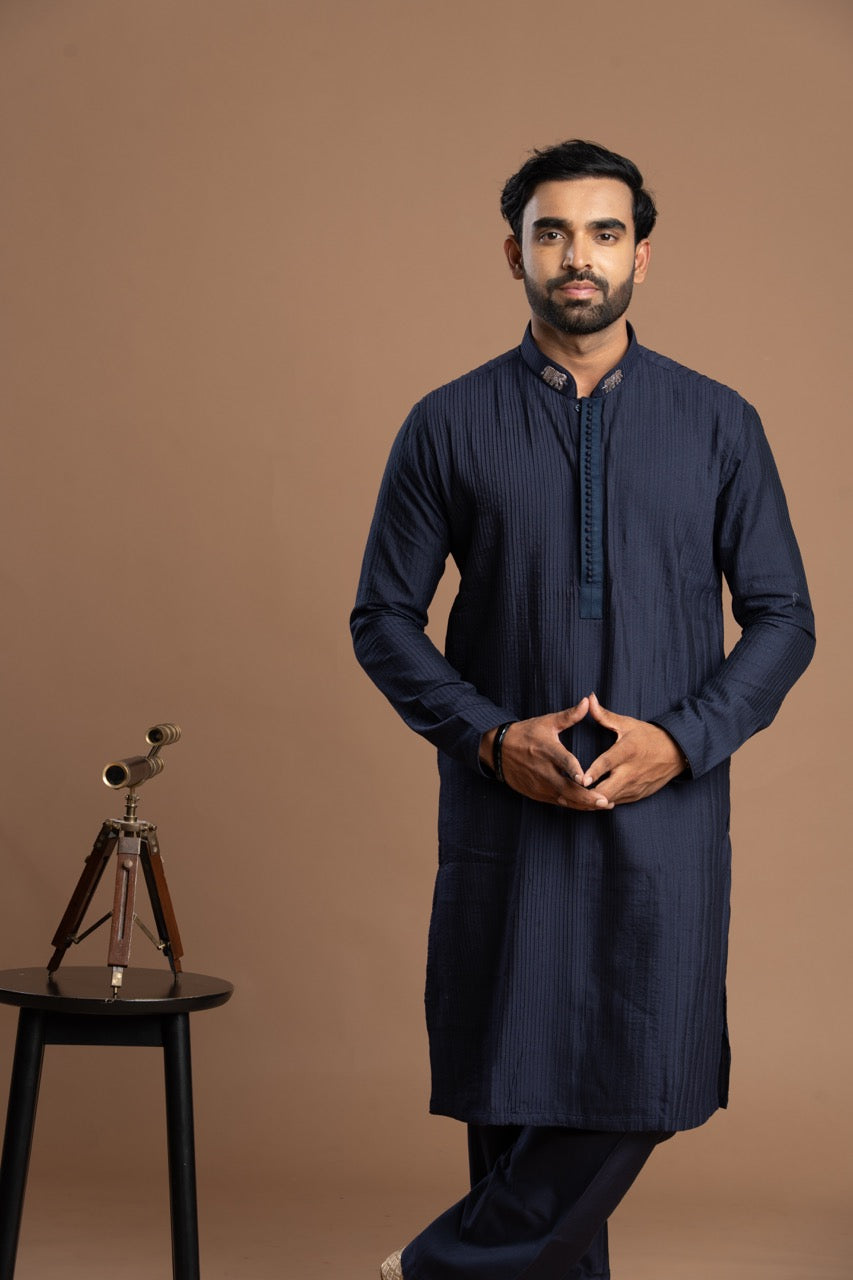 Navy Blue Pintuck Kurta with Embroidery for Men