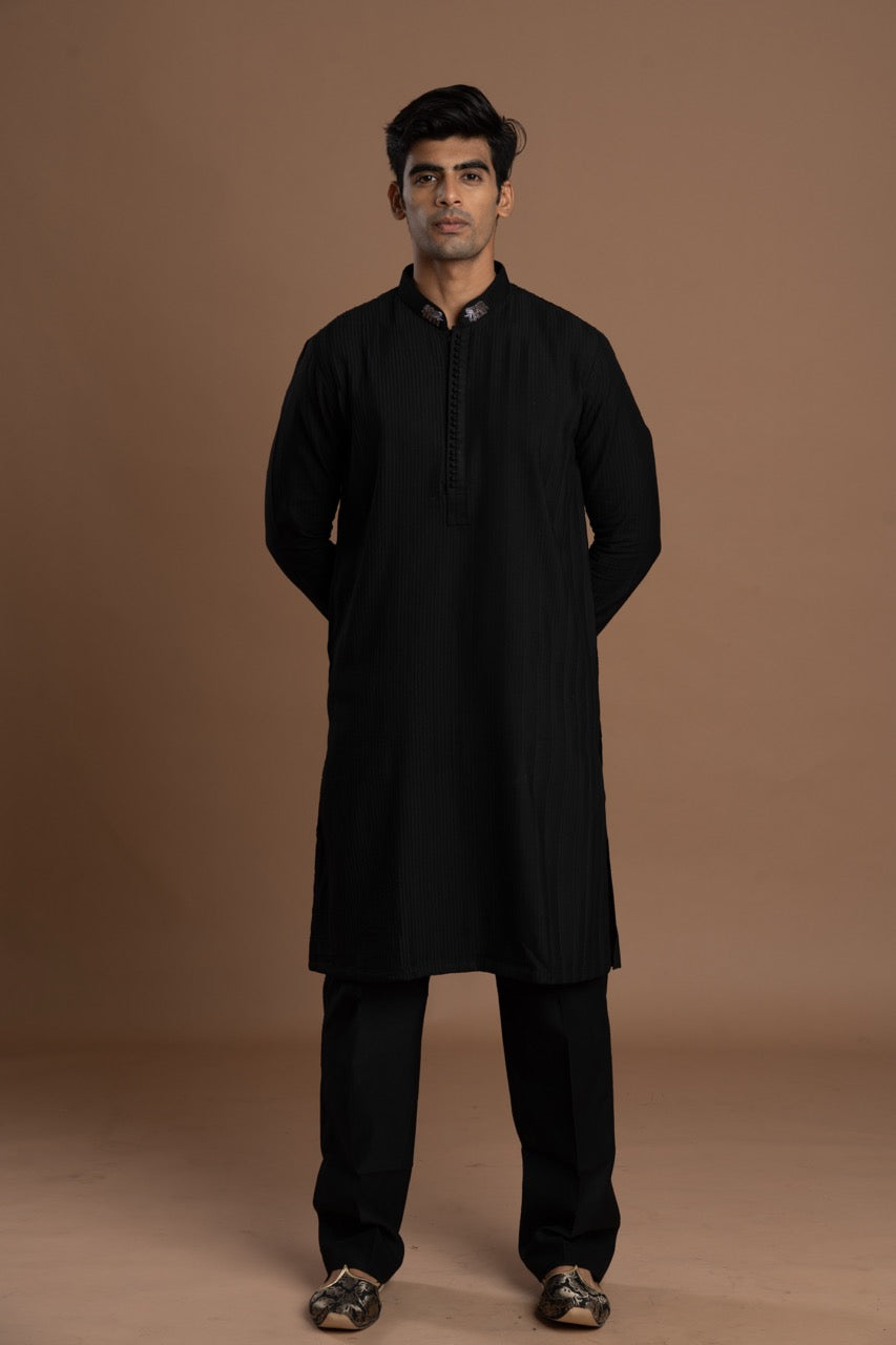 Black Pintuck Kurta with Embroidery for men