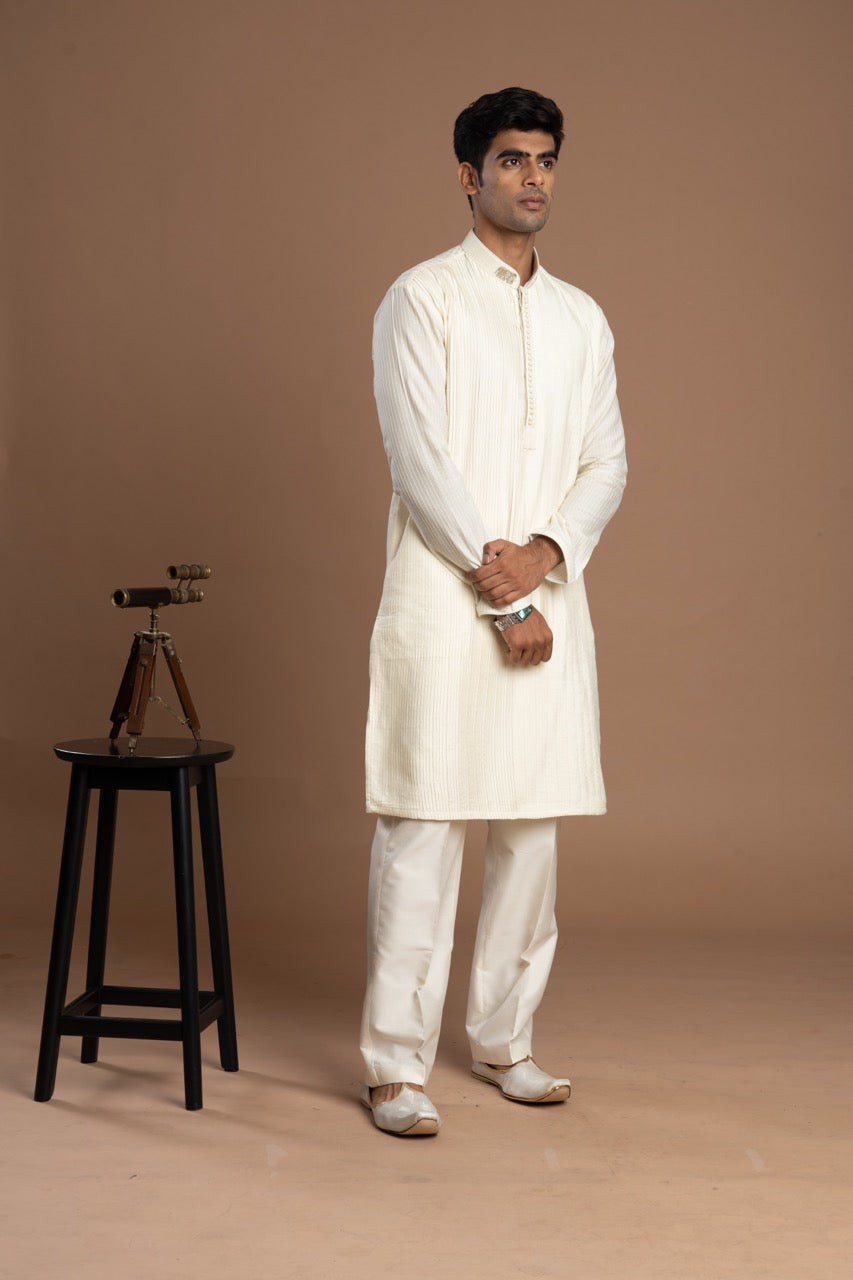 Soft Ivory-White Pintuck Kurta with Embroidery for men