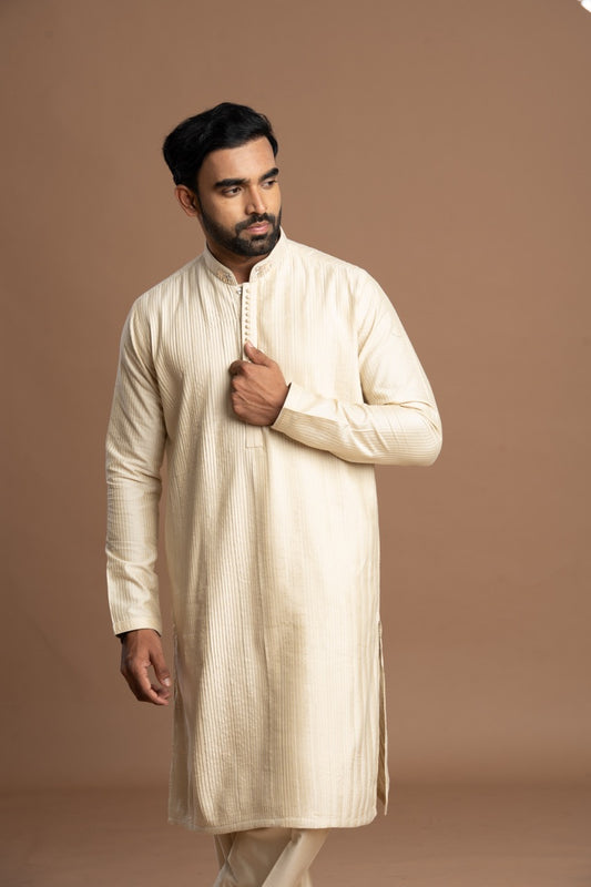 Warm Ivory-White Pintuck Kurta with Embroidery for men