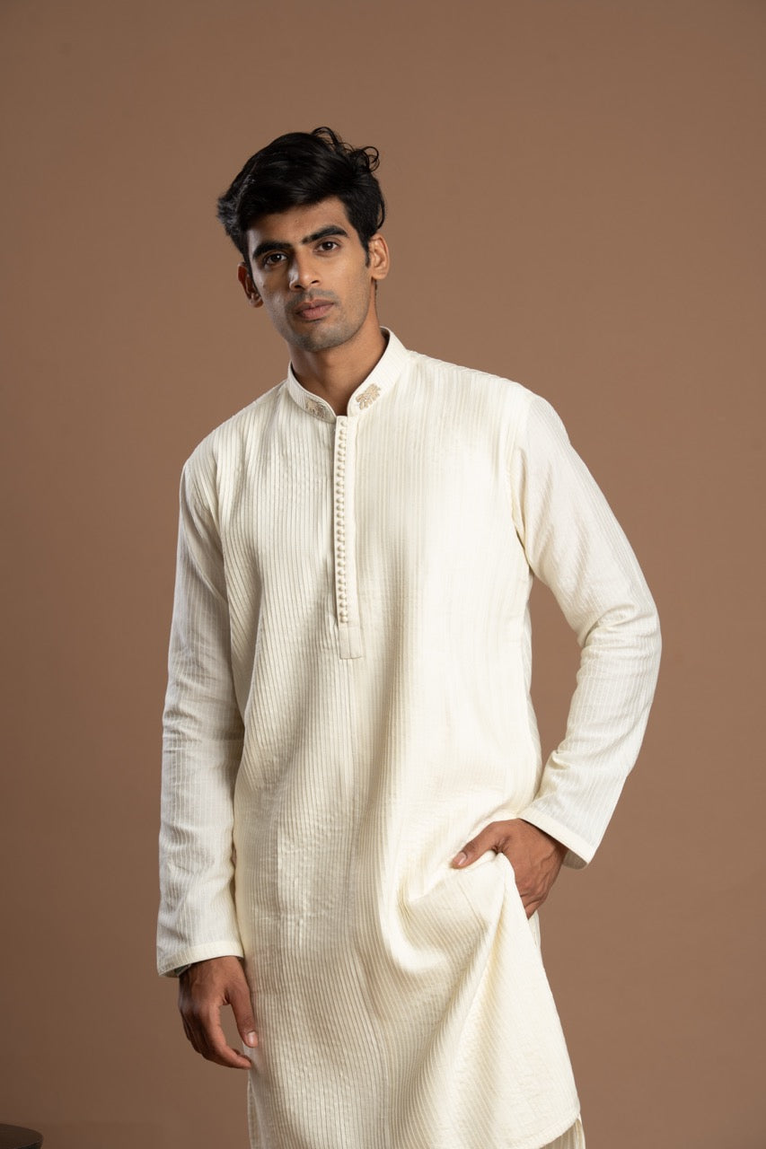 Soft Ivory-White Pintuck Kurta with Embroidery for men