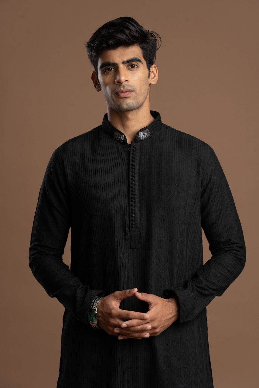 Black Pintuck Kurta with Embroidery for men