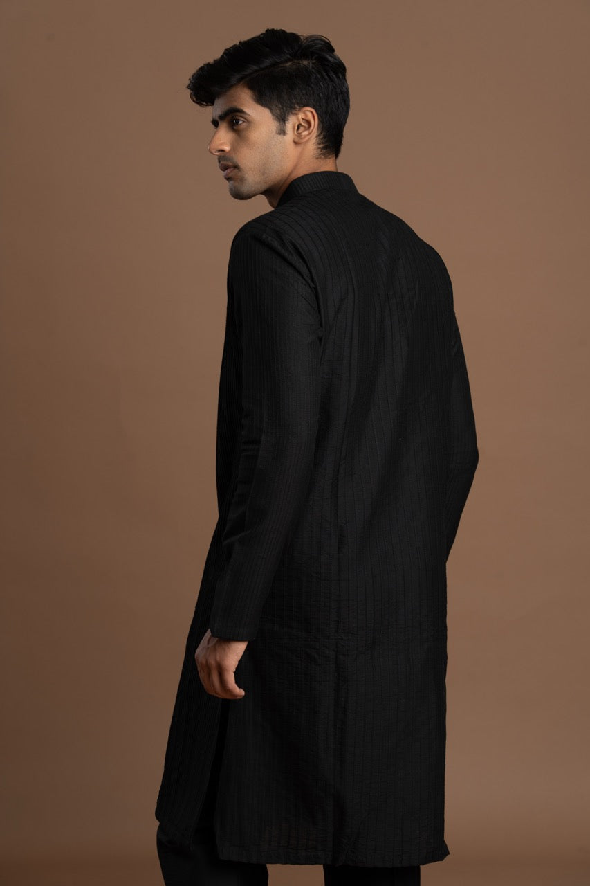 Black Pintuck Kurta with Embroidery for men