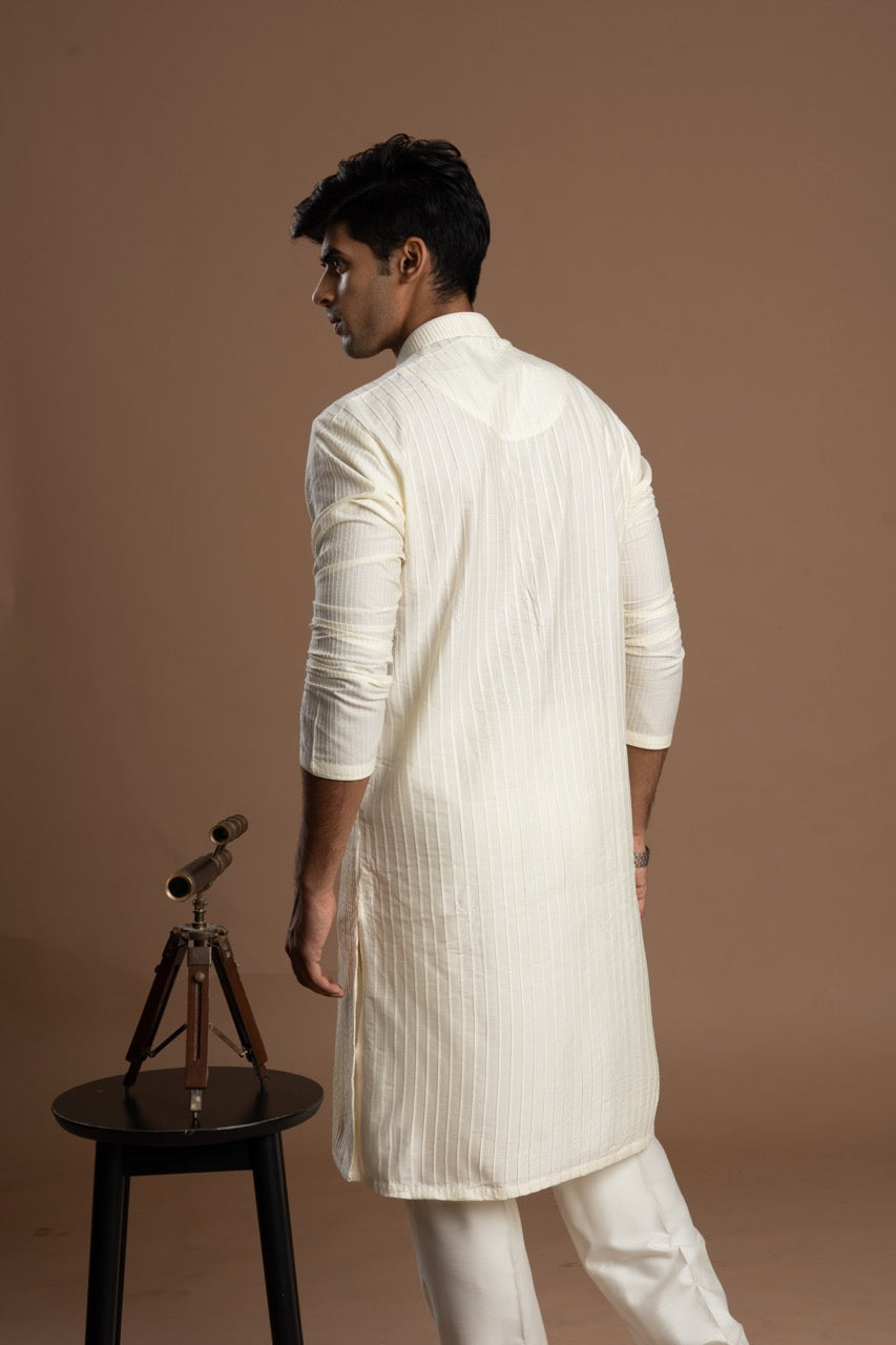 Soft Ivory-White Pintuck Kurta with Embroidery for men