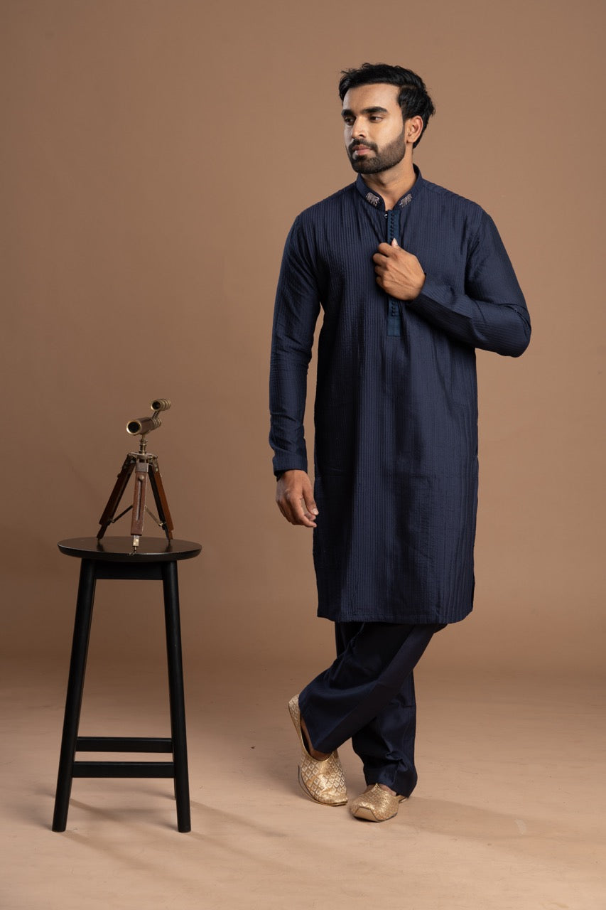 Navy Blue Pintuck Kurta with Embroidery for Men