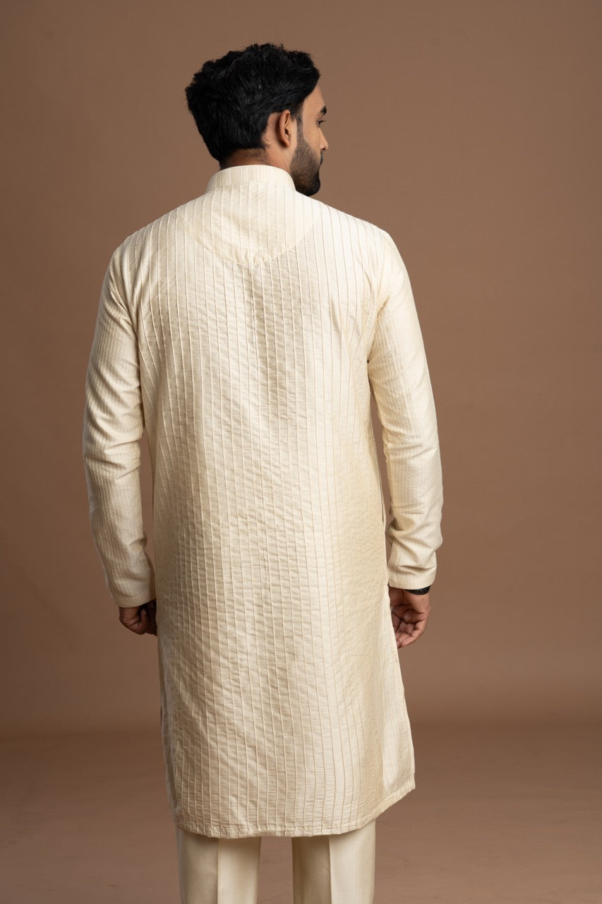 Warm Ivory-White Pintuck Kurta with Embroidery for men