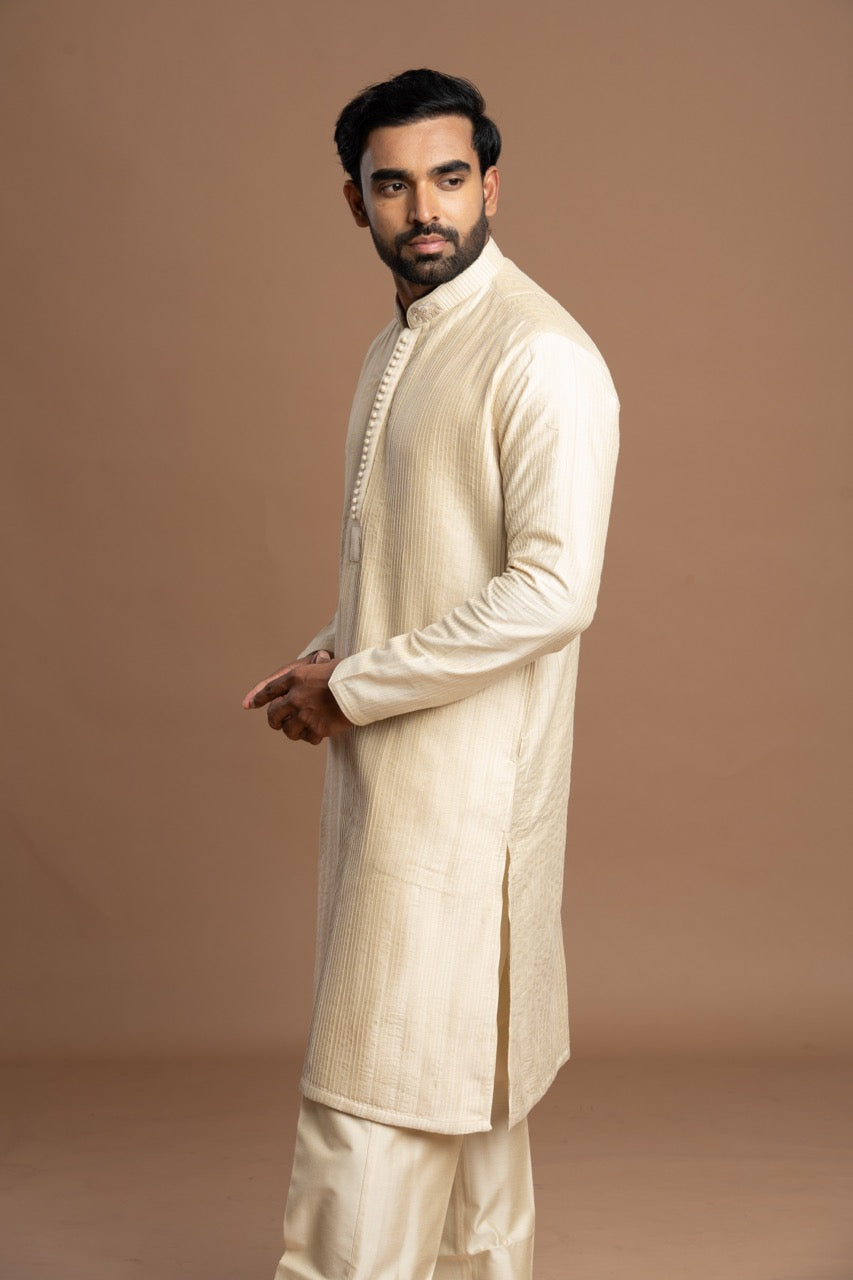 Warm Ivory-White Pintuck Kurta with Embroidery for men