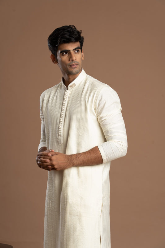 Soft Ivory-White Pintuck Kurta with Embroidery for men