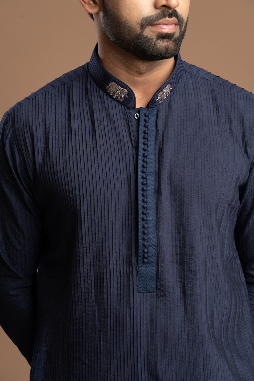 Navy Blue Pintuck Kurta with Embroidery for Men