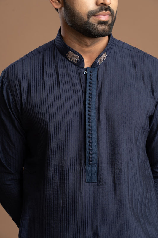 Navy Blue Pintuck Kurta with Embroidery for Men