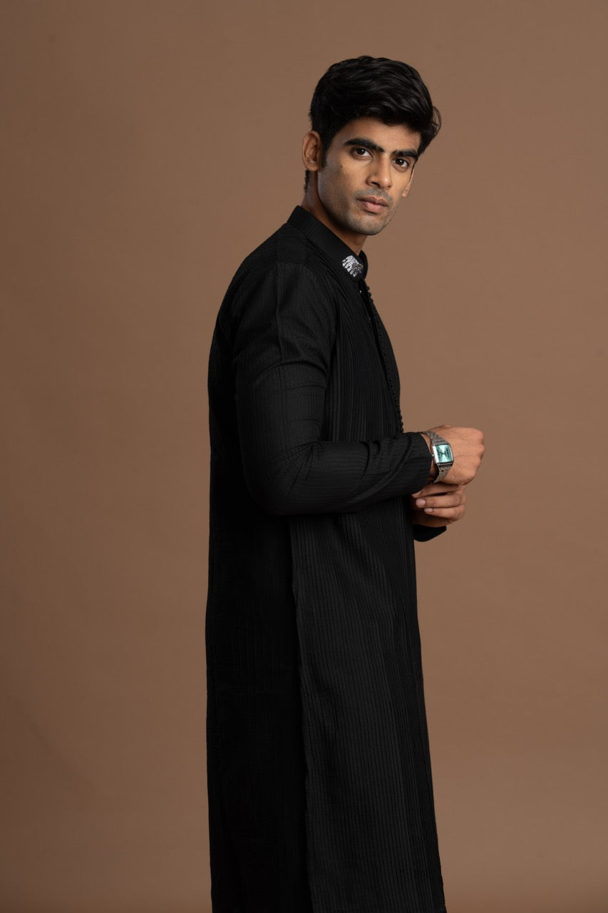 Black Pintuck Kurta with Embroidery for men