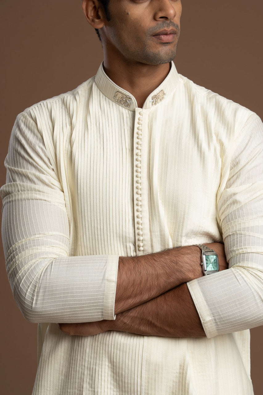 Soft Ivory-White Pintuck Kurta with Embroidery for men