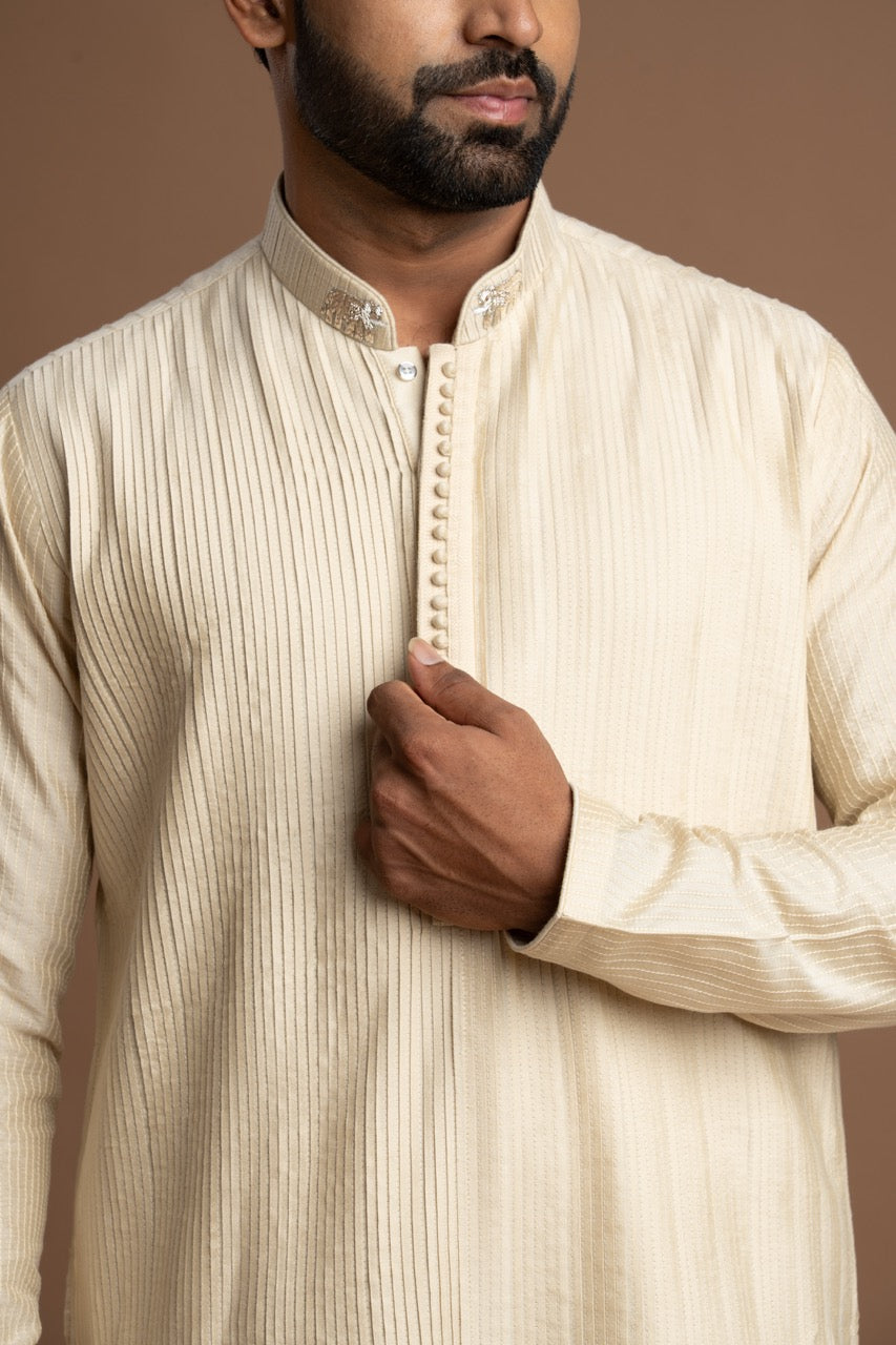 Warm Ivory-White Pintuck Kurta with Embroidery for men