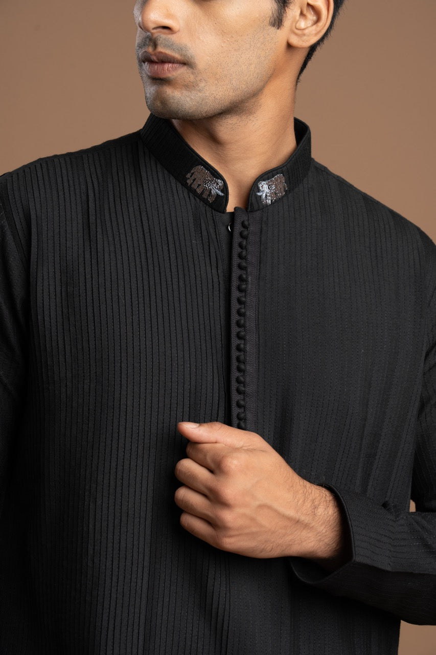 Black Pintuck Kurta with Embroidery for men