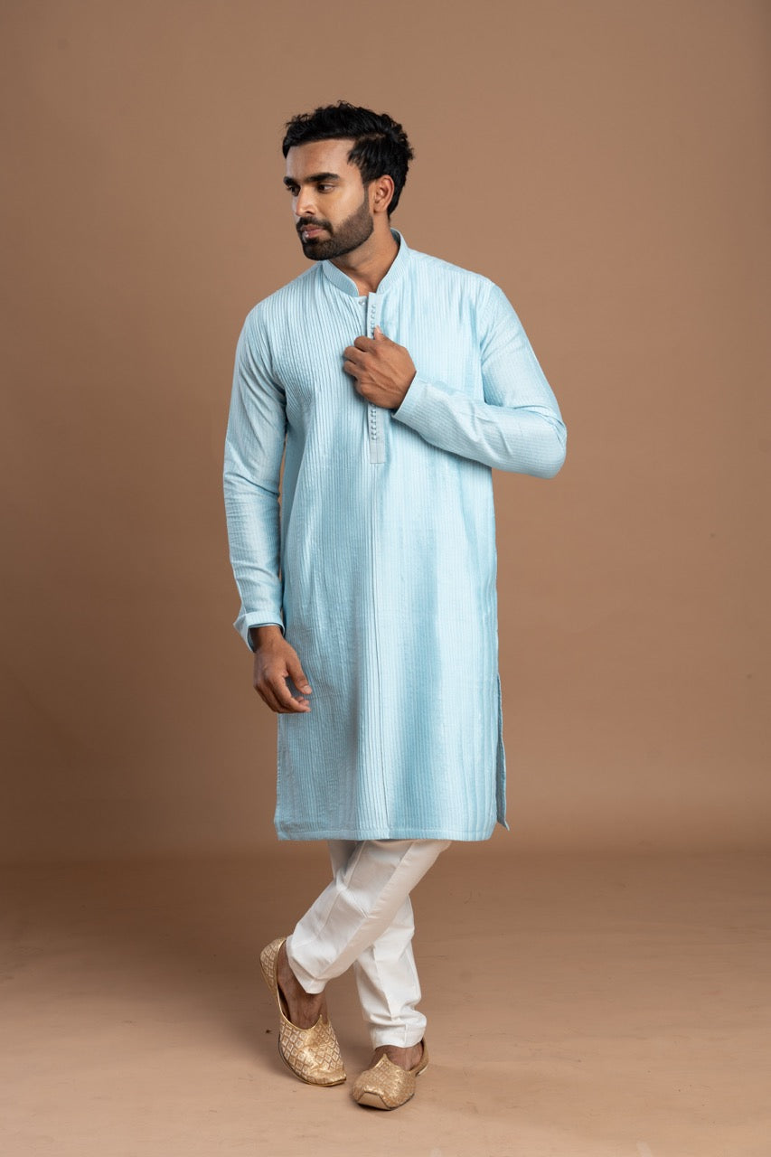 Soft Light Blue Pintuck Kurta for men