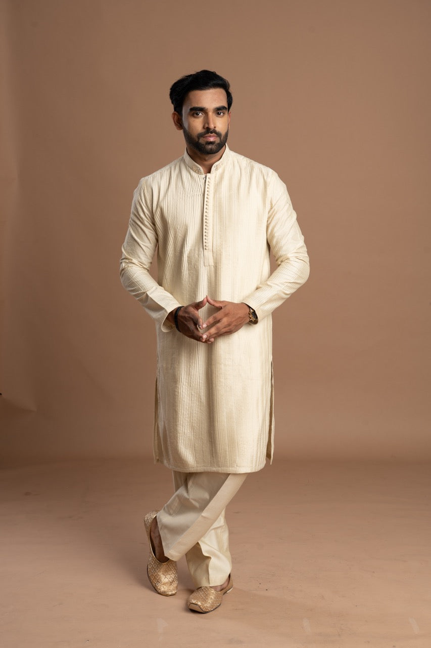 Warm Ivory-White Pintuck Kurta with Embroidery for men